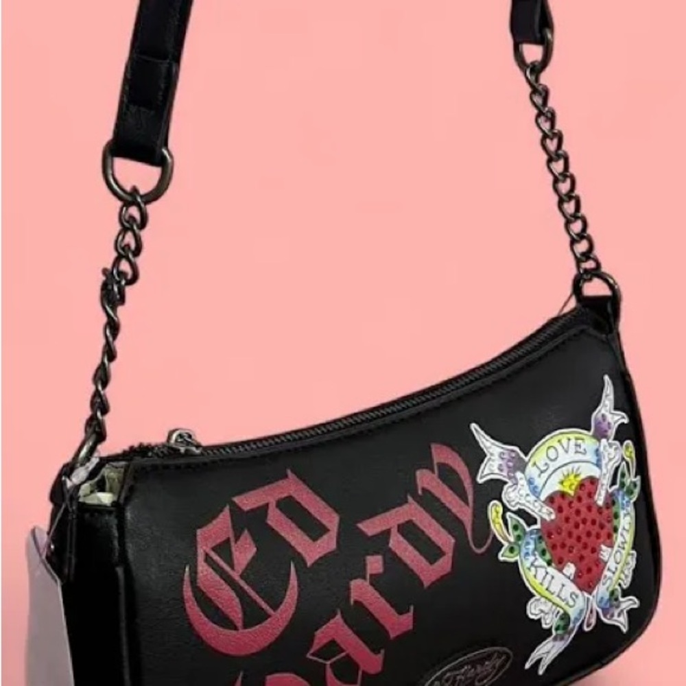 Ed Hardy Black and Red Graphic Shoulder Bag